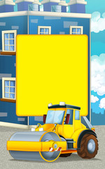 cartoon road roller in the city working on the street - illustration for children