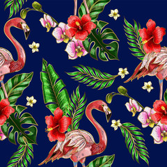 Naklejka premium Seamless pattern with flamingo, palm leaves and hibiscus embroidery. Tropical texture for print.