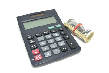 Money and calculator on white background closeup