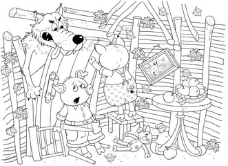 Three little pigs. Fairy tale. Coloring book. Coloring page. Illustration for children. Cute and funny cartoon character