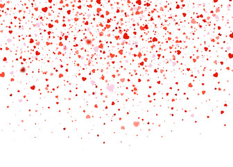 Greeting card Valentine's day. Red confetti of hearts flying randomly on white background. Abstract background can be used for holidays, celebration, birthday, declaration of love postcard