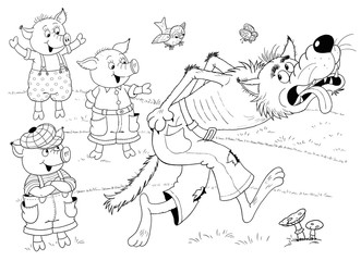 Three little pigs. Fairy tale. Coloring book. Coloring page. Illustration for children. Cute and funny cartoon character