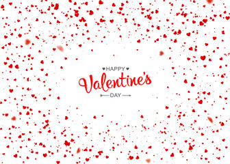 Greeting card Valentine's day with place for text. Red confetti of hearts flying randomly on white background. Abstract background can be used for holidays, celebration, declaration of love postcard