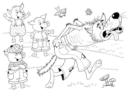 Three little pigs. Fairy tale. Coloring book. Coloring page. Illustration for children. Cute and funny cartoon character
