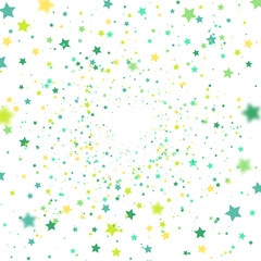 Colorful confetti flying randomly on white background. Explosion of stars in green and blue colors. Vector illustration for greeting card merry christmas, birthday, holidays