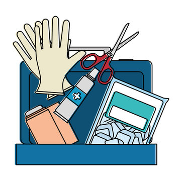 medical kit with bandages and gloves vector illustration design