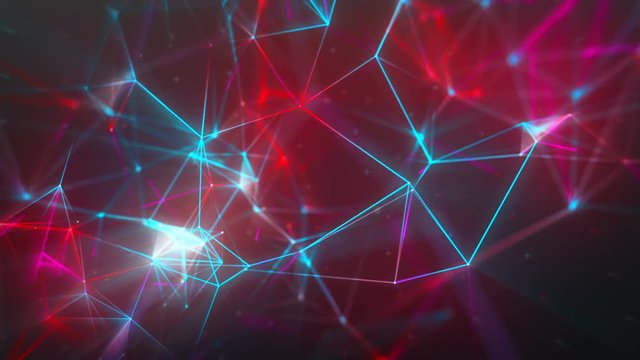 Inspirational Digital Network Loop 1A: fast rotating bright light neon cloud mesh of network connections in hot red, cool blue, and magenta. 4K UHD, FullHD, seamless loop. 