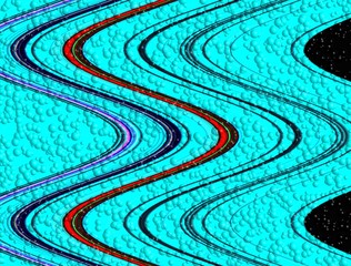 Bubbles and circular lines in blue, red, pink and dark hues and colors, abstract palyful background and texture