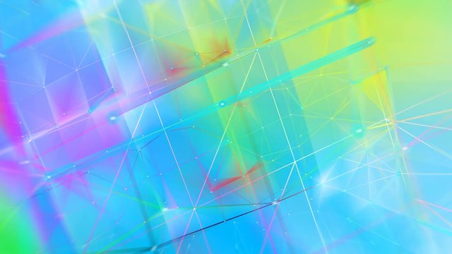 Vibrant Colors Network Loop 4A: cubic plexus network connections cloud sphere in hologram iridescent RGB neon rainbow colors. 4K UHD, FullHD, seamless loop.