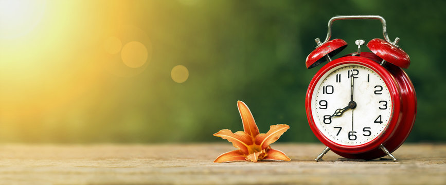 Daylight savings, spring forward concept - web banner of a red alarm clock and flower