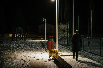 woman walks at night with the dog on a leash lit by the light of a street lamp, on the snow-covered...