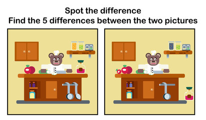 Cartoon brown bear the cook working at the kitchen flat illustration