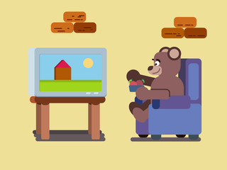 Cartoon brown bear watching tv at home flat illustration