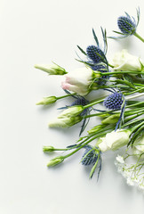 Prairie Gentian and Sea Holly Flowers on white paper background (for invitations or greeting cards)