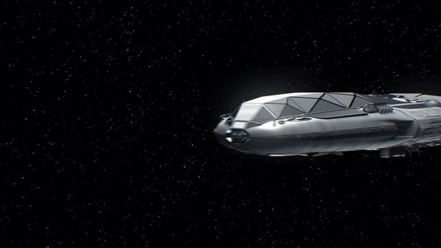 Journey to Earth, sci-fi Spaceship approaching to planet, engines pulsate, 3d animation. Texture of Earth was created in the graphic editor without photos. The pattern of city lights furnished by NASA