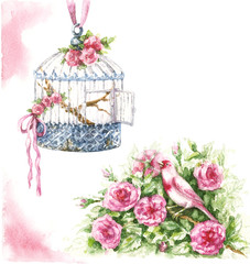 Watercolor Bird, Cage and Flowers.