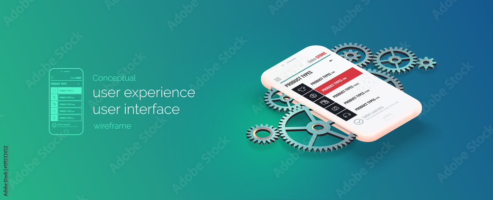 Poster conceptual banner, booklet, brochure. user experience, user interface. gear mechanism and 3d phone w