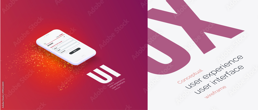 Poster conceptual banner, booklet, brochure. user experience, user interface. sparks around the flying 3d p