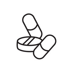 Pills icon. Pharmacy bottle sign. Medical drugs symbol. Linear outline icon. Speech bubble of dotted line. Vector