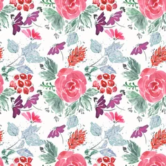 Foto op Canvas Abstract seamless cute floral pattern.Bright red, lilac flowers on white background. © brusnika9