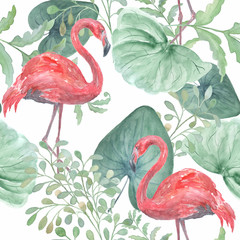 Seamless watercolor tropical pattern with tropical leaves, birds Flamingo on a white background.