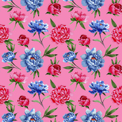 Wildflower red and blue peonies flowers pattern in a watercolor style. Full name of the plant: peony. Aquarelle wild flower for background, texture, wrapper pattern, frame or border.