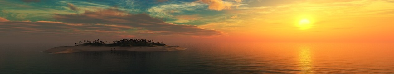 Naklejka na ściany i meble Panorama of the sea landscape at sunset, sunrise in the ocean over the island 