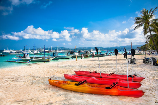 Canue for rental on shore at Bulabog beach. Boracay. Philippines.