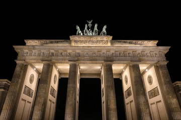 Germany, Berlin: Detail of illuminated  Brandenburg Gate (Brandenburger Tor) at night in the middle of the German capital. The 18th-century monument was built by Prussian king Frederick William II.
