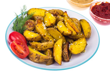 Potatoes in country style, baked with slices and sauce