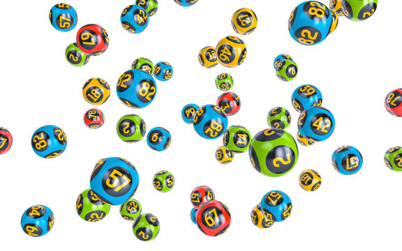 Milticolor Bingo balls fall randomly on white isolated background. Lottery Number Balls.  Bingo balls with numbers. 3d illustration.