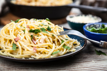 Spaghetti carbonara with egg and pancetta