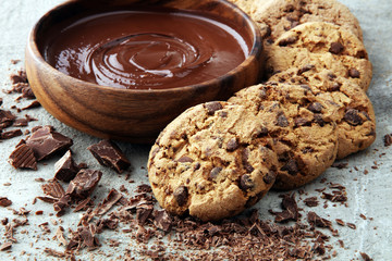 Chocolate cookies on grey table. Chocolate chip cookies shot