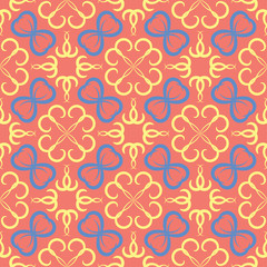 Floral red seamless pattern. Bright colored background with yellow and blue flower elements