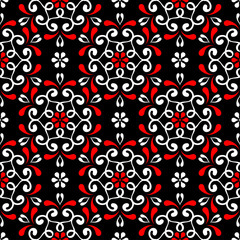 Black red and white flower elements. Seamless background
