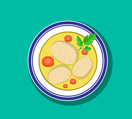 Top view, Sliced gefilte fish soup in bowl, vector