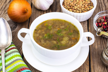 Vegetarian soup with green lentils