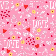 Seamless vector background with hearts, arrows, ringlets, flowers, love.  illustration for fabric, scrapbooking paper and other