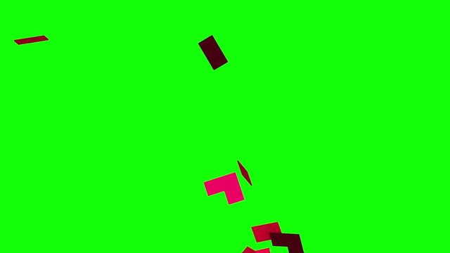 Red mosaic background breaks up into small pieces and reveals green screen. 3D animation, chroma key.