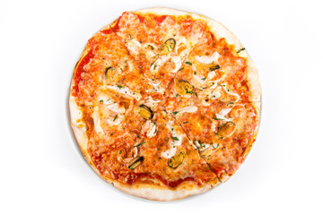 Pizza with seafood isolated over white background. Top view.