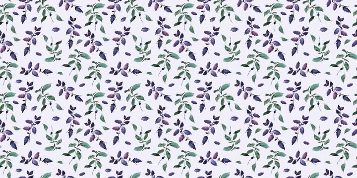 Seamless green basil pattern, Watercolor violet basil decor, cooking spices background with natural watercolor illustration, art for craft label design, bright vegetarian banners, menu of restaurants