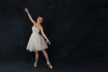 Fototapeta na wymiar the ballerina in pointes and a dress dances on a dark background