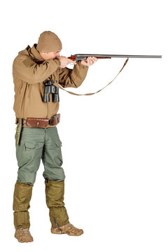 Full length portrait of a male hunter ready to hunt with hunting rifle Isolated on white background. hunting and people concept.