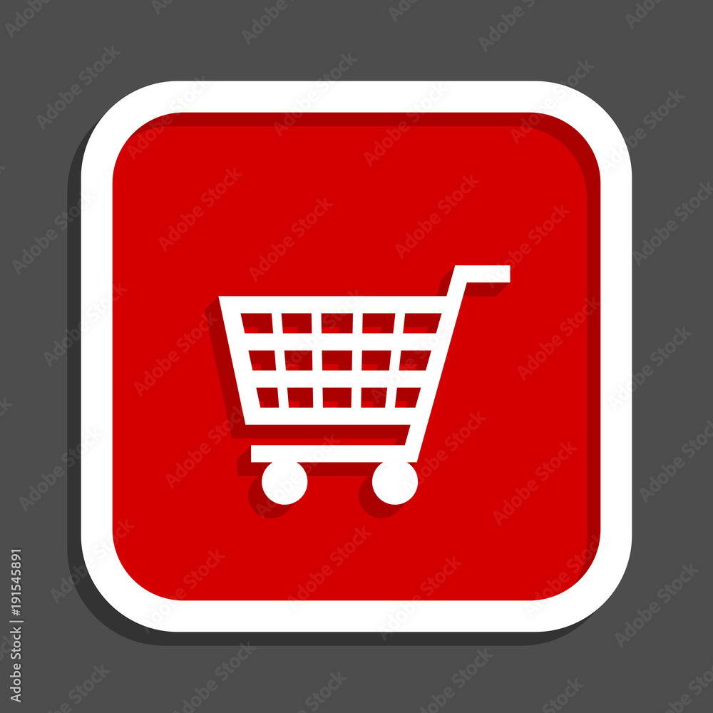 Poster shopping cart vector icon. flat design square internet red button.