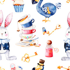 Wonderland seamless texture.Magical pattern with bottle,Dodo bird,golden keys,cute rabbit in blue jacket,cupcake and multicolor cups tea.Perfect for wallpaper,print,packaging,invitations,birthday. © katerinas39
