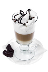 Latte, cappuccino with marshmallow on light background. Chocolate topping
