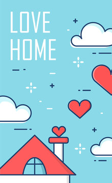 Vector banner with house, hearts and clouds on blue background. Thin line flat design. Valentine's day card.