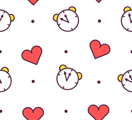 Seamless pattern in polka dot with alarm clock and hearts on white background. Thin line flat design. Vector.