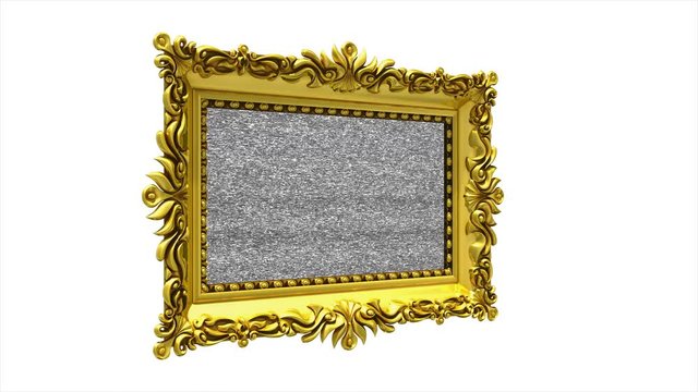 Luxury gold picture frame rotates on white background. Intro with tv noise and green screen, 3d animation.