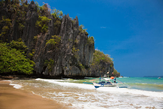  Sabang Longtail boats line. Palawan, Philippines.